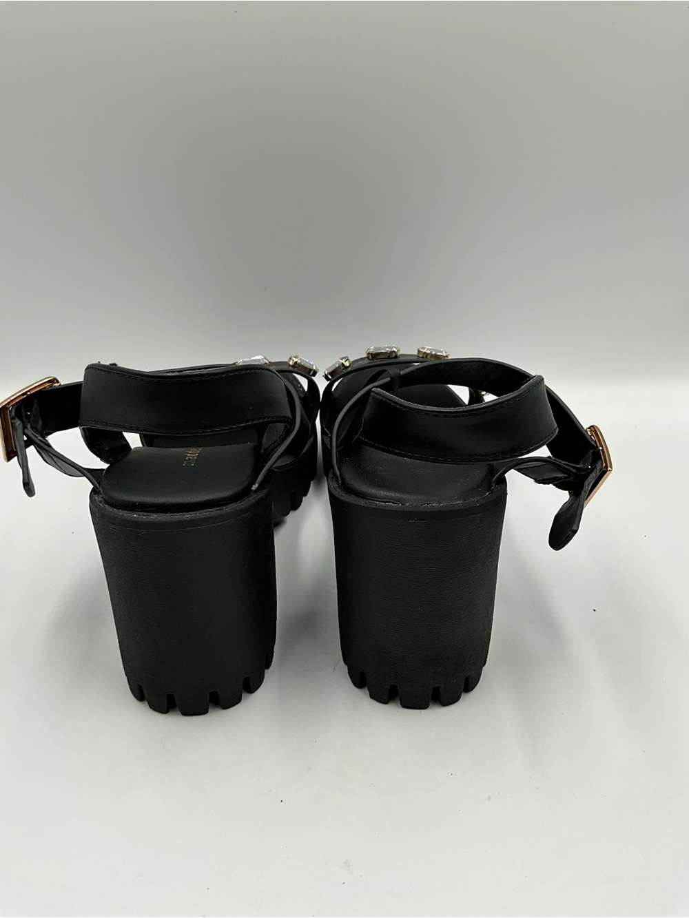 Madden Girl Sandals Size 6.5 Black Gem-Embellished Chunky Platform - Picture 5 of 8